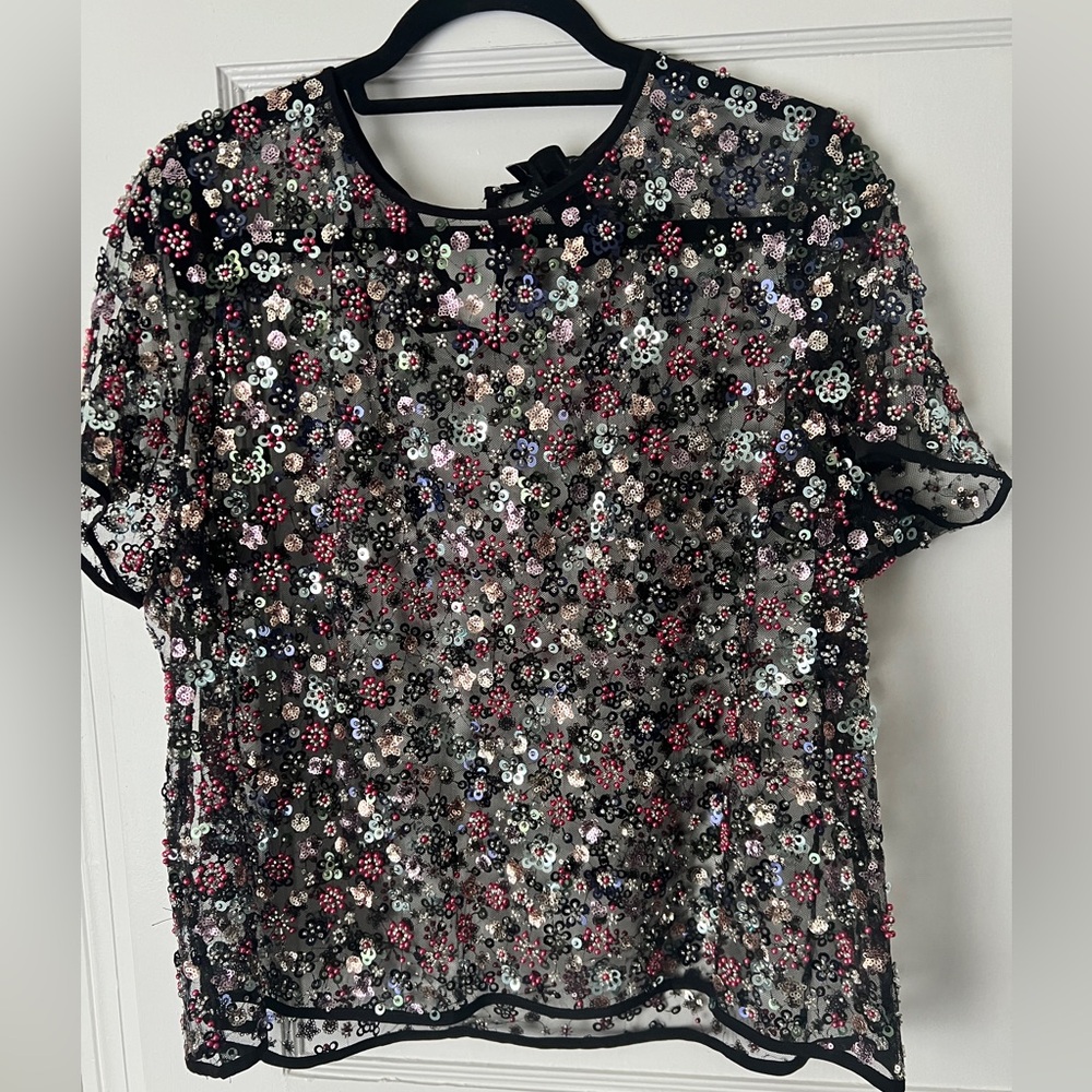 J crew Collection beaded top XL holiday floral sheer